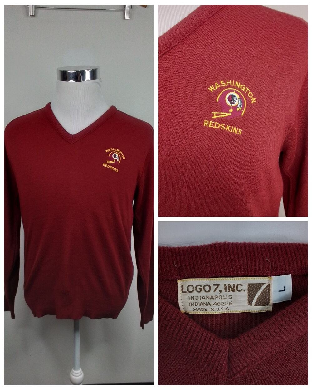 Vintage Logo 7 Washington Redskins Sweater V-neck Men's Large #J2132